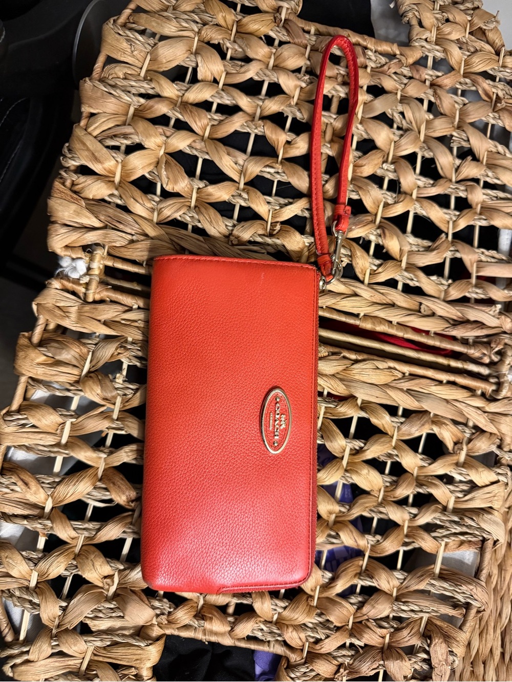 Coach Orange Leather Wristlet Clutch with Gold Logo